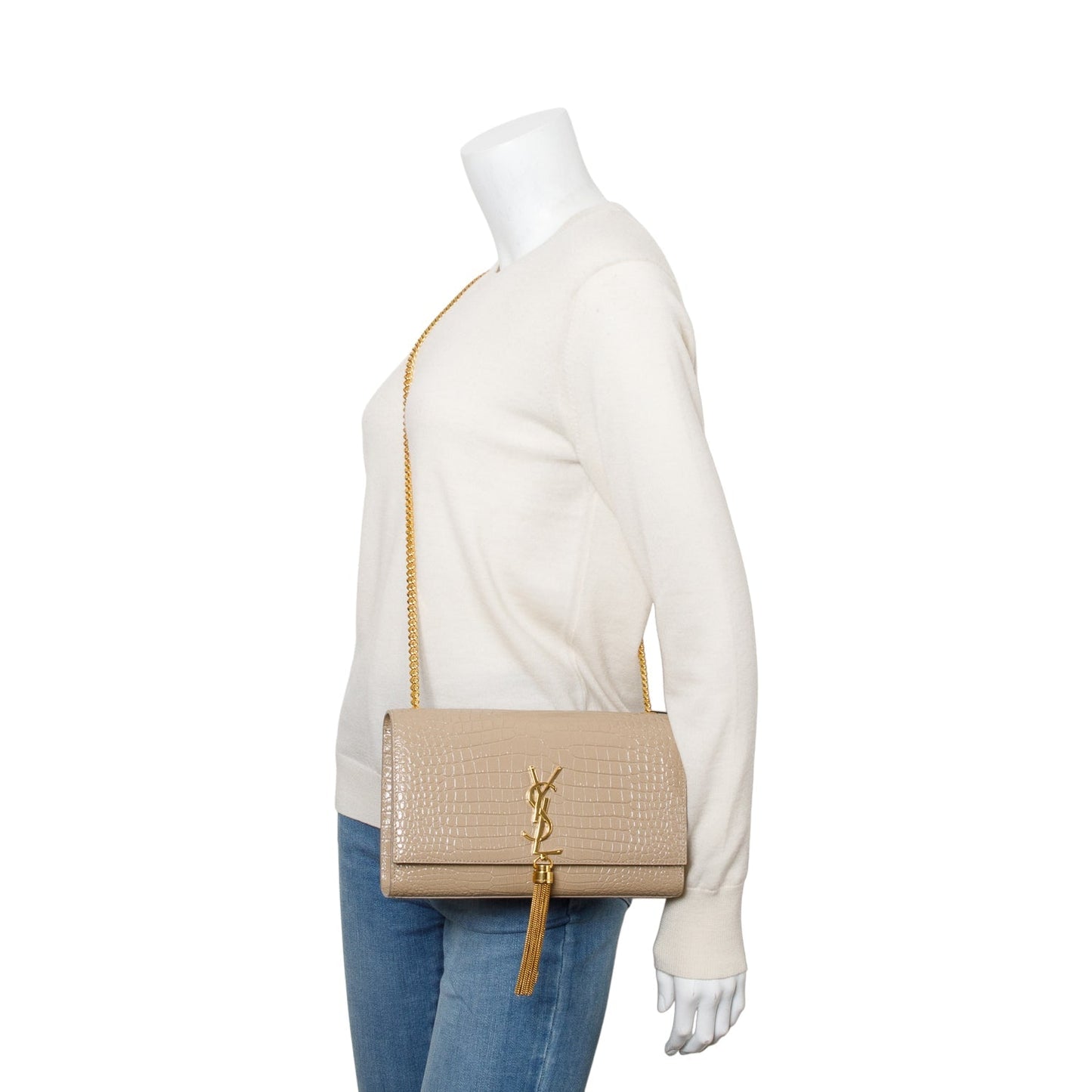 Saint Laurent 2023 Beige Crocodile-Embossed Leather Medium Classic Monogram Kate Tassel Chain Bag