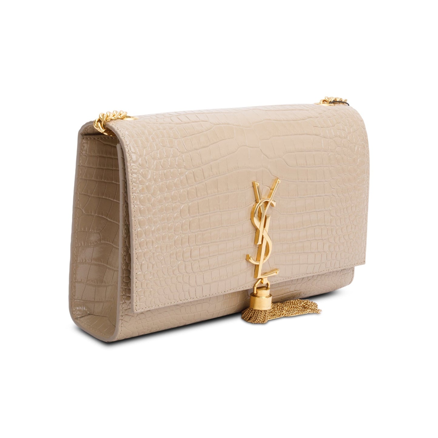 Saint Laurent 2023 Beige Crocodile-Embossed Leather Medium Classic Monogram Kate Tassel Chain Bag