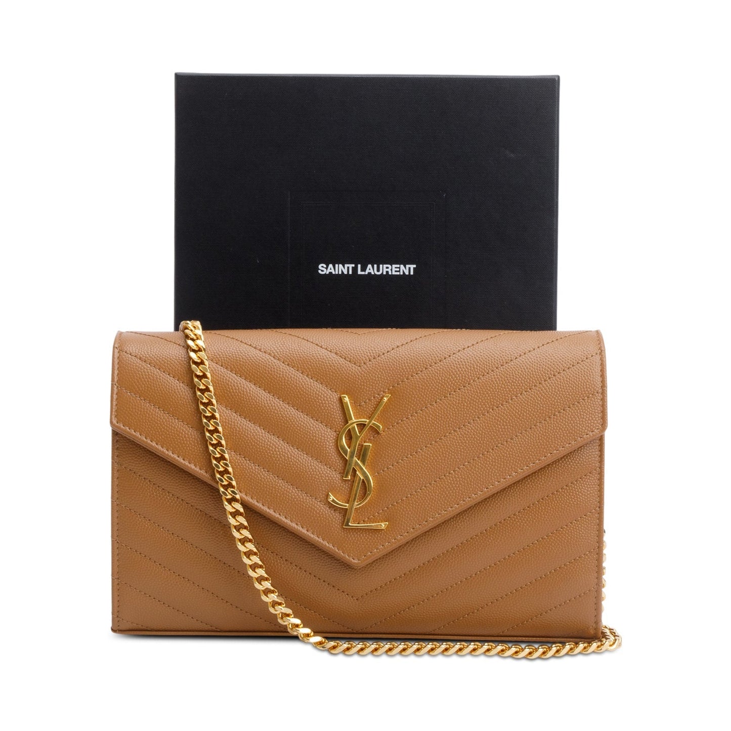 Saint Laurent Brown Cassandre Matelasse Envelope Chain Wallet