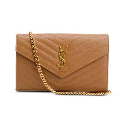 Saint Laurent Brown Cassandre Matelasse Envelope Chain Wallet