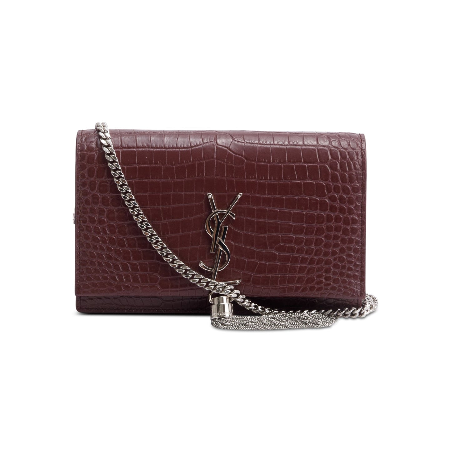 Saint Laurent Burgundy Croc Embossed Leather Kate Tassel Wallet on Chain