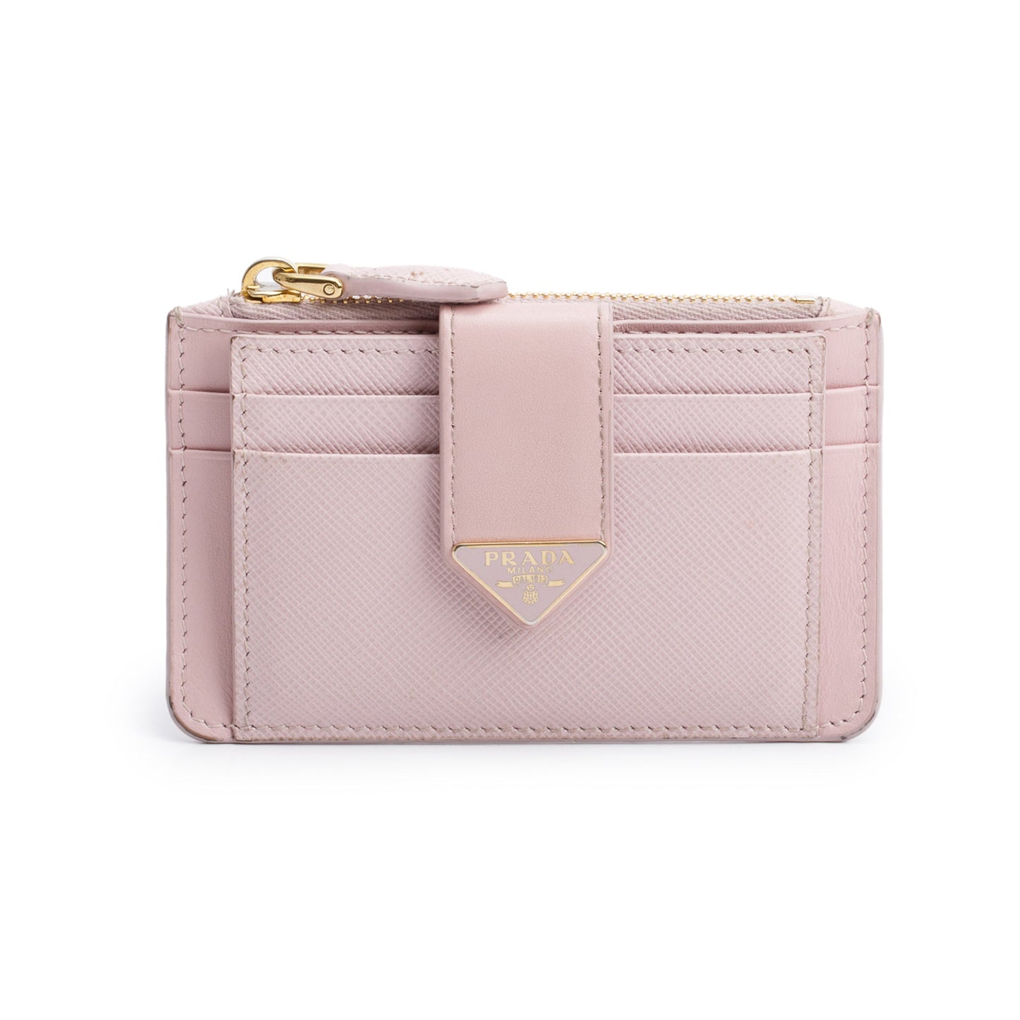 Prada Pink Saffiano Leather Triangle Logo Zip Card Holder