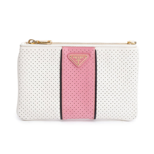 Prada White/Pink Saffiano Cuir Perforated Clutch