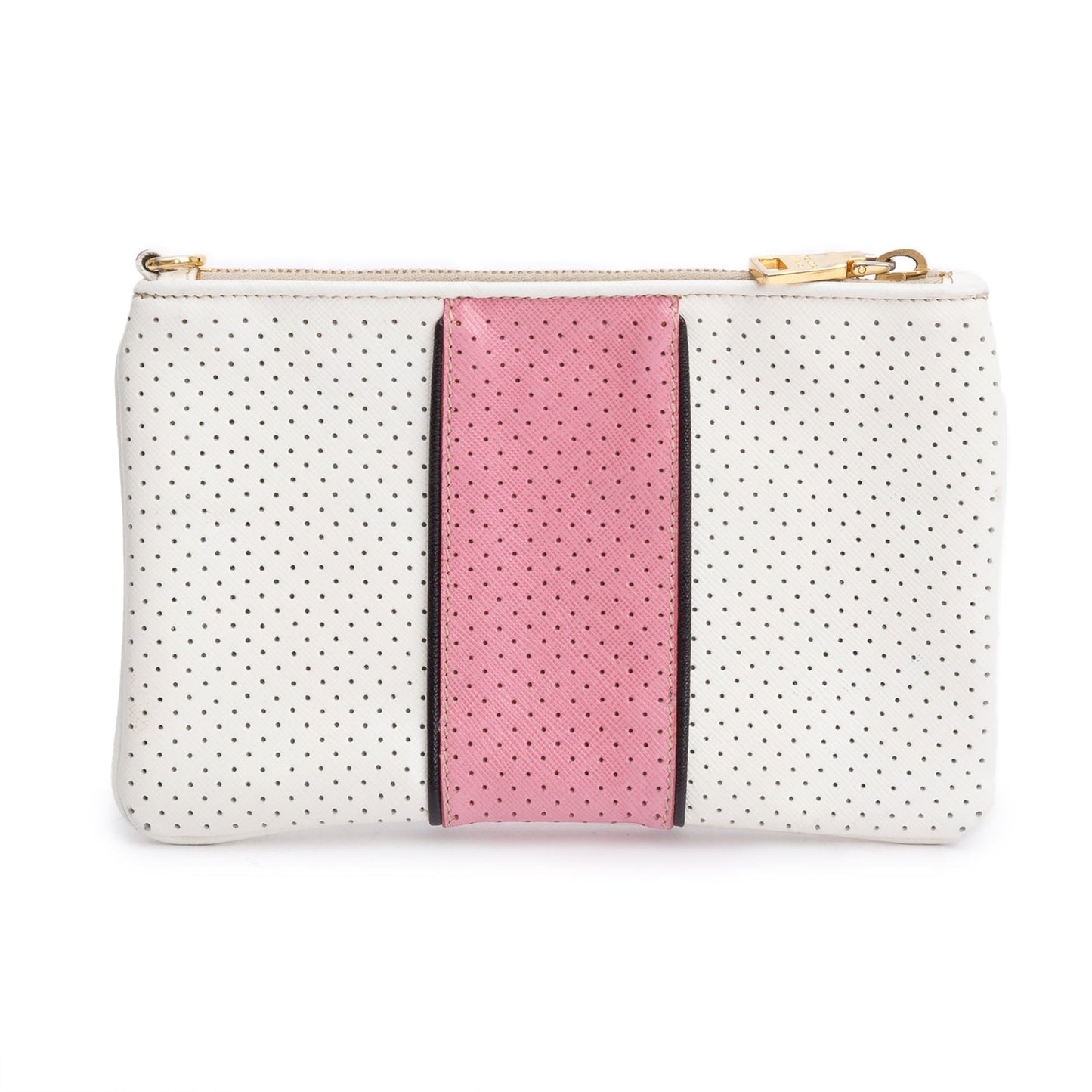 Prada White/Pink Saffiano Cuir Perforated Clutch