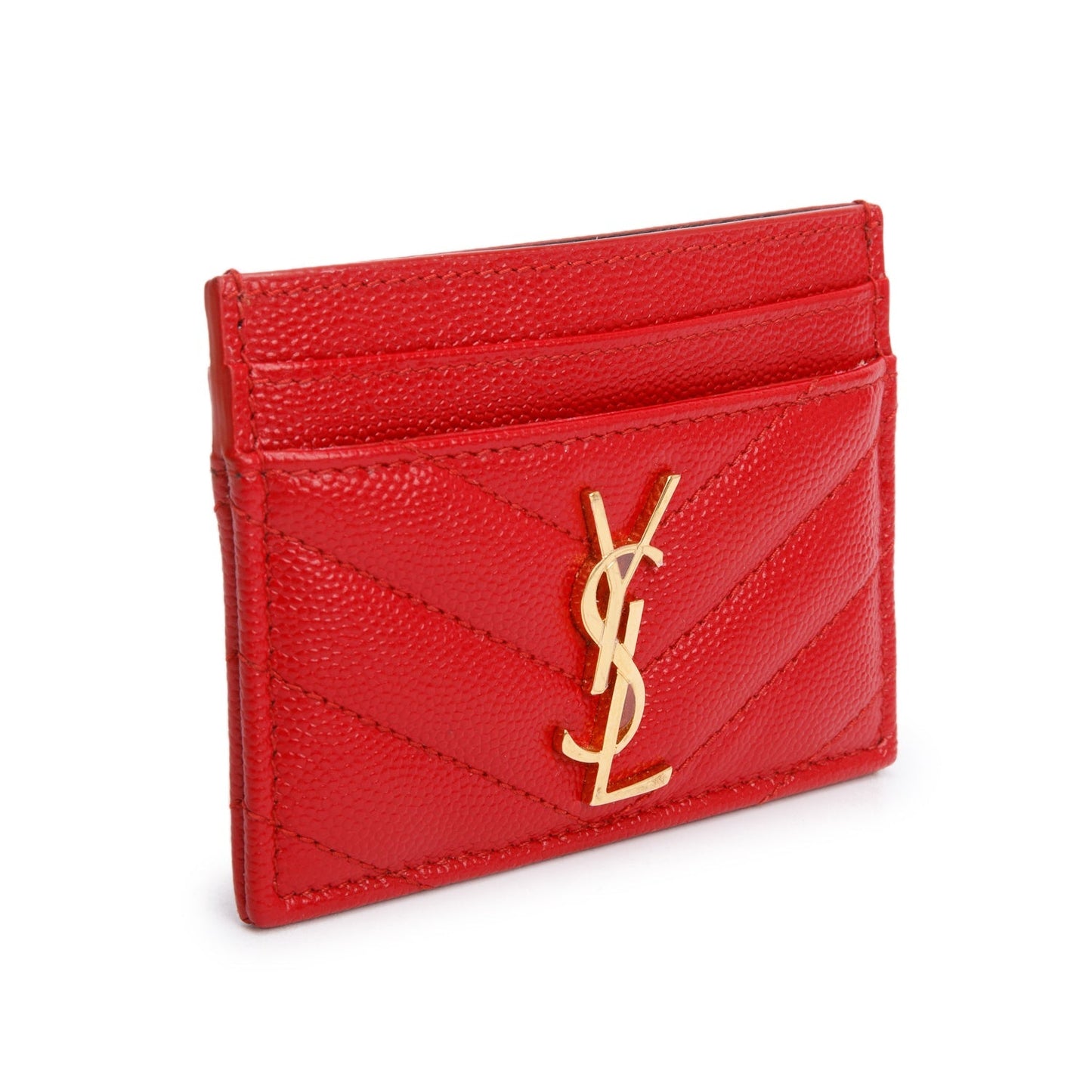 Saint Laurent Red Grain de Poudre Matelasse Chevron Leather Card Case
