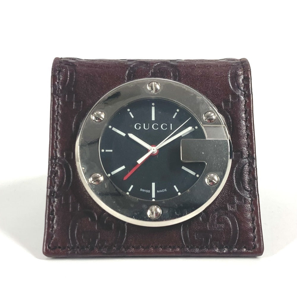 GUCCI Table clock Quartz 200 Sima leather Silver Guccisima GG Travel Clock black dial