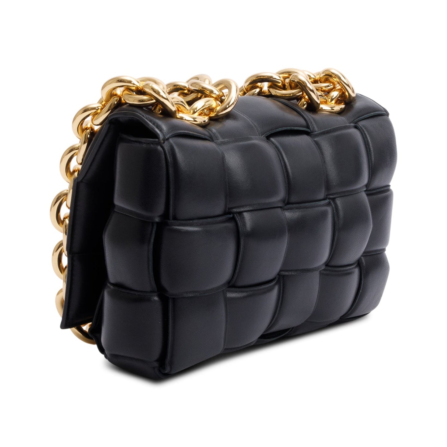 Bottega Veneta Black Intreccio Nappa Padded Leather Maxi Chain Cassette Bag