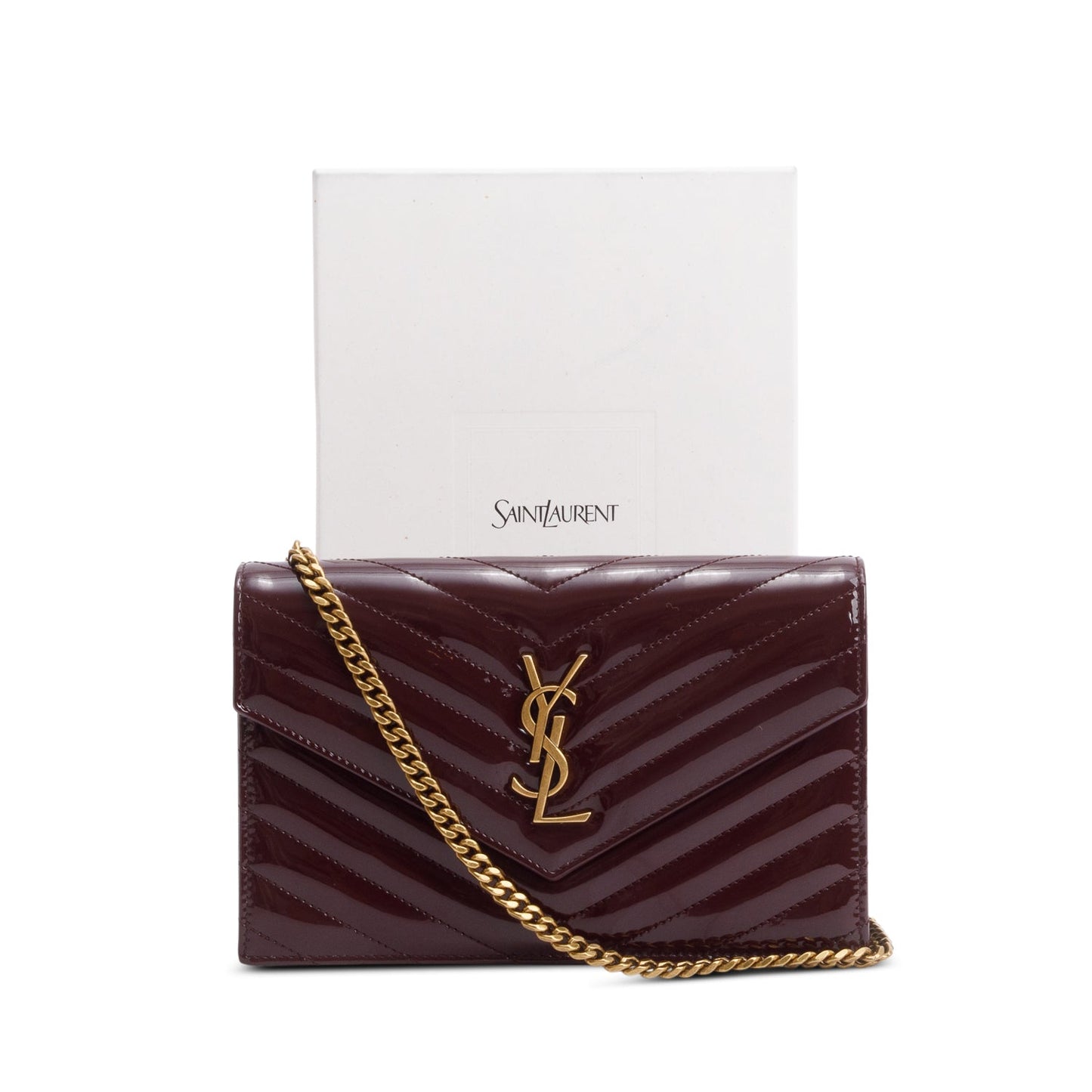 Saint Laurent 2024 Burgundy Patent Leather Cassandre Envelope Chain Wallet