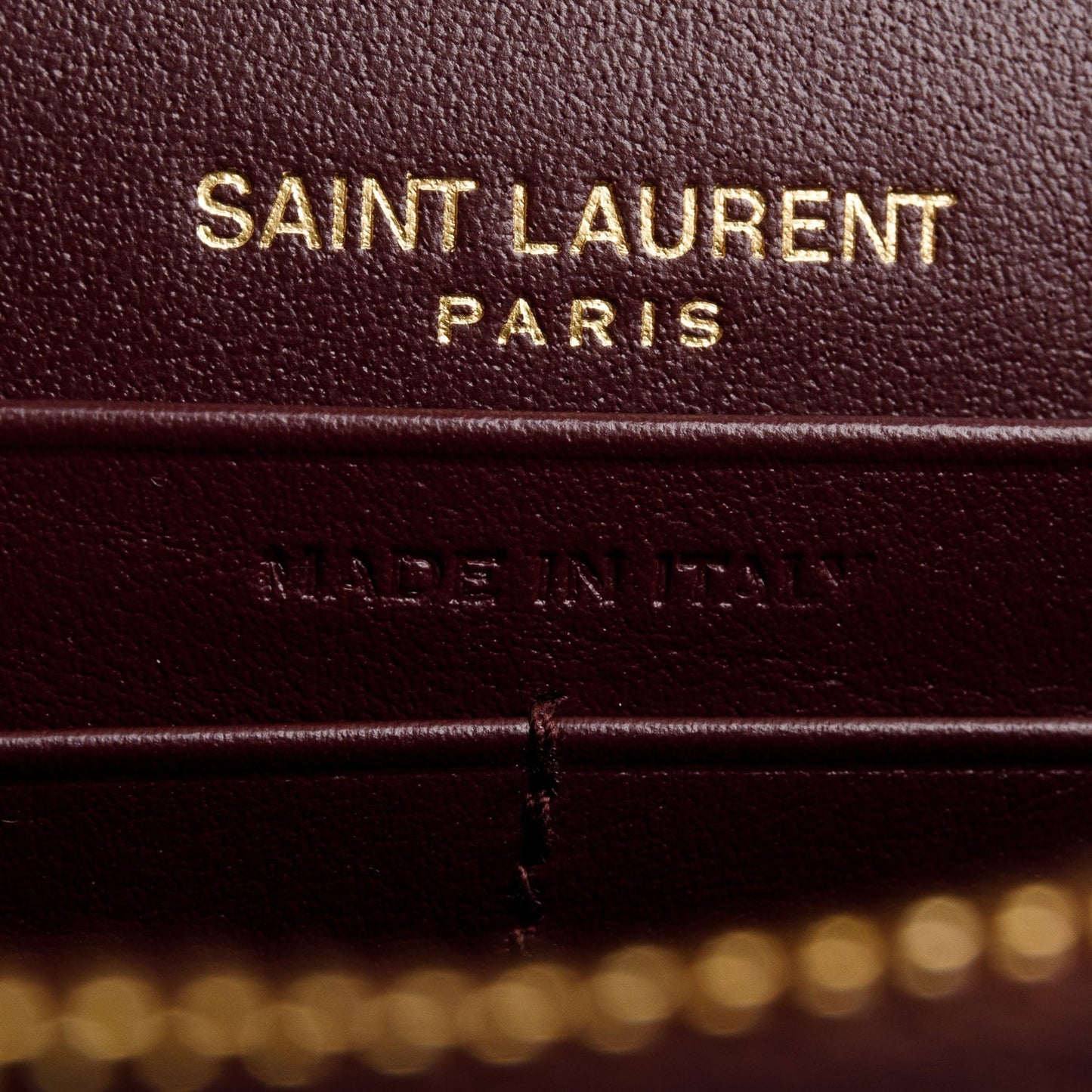 Saint Laurent 2024 Burgundy Patent Leather Cassandre Envelope Chain Wallet