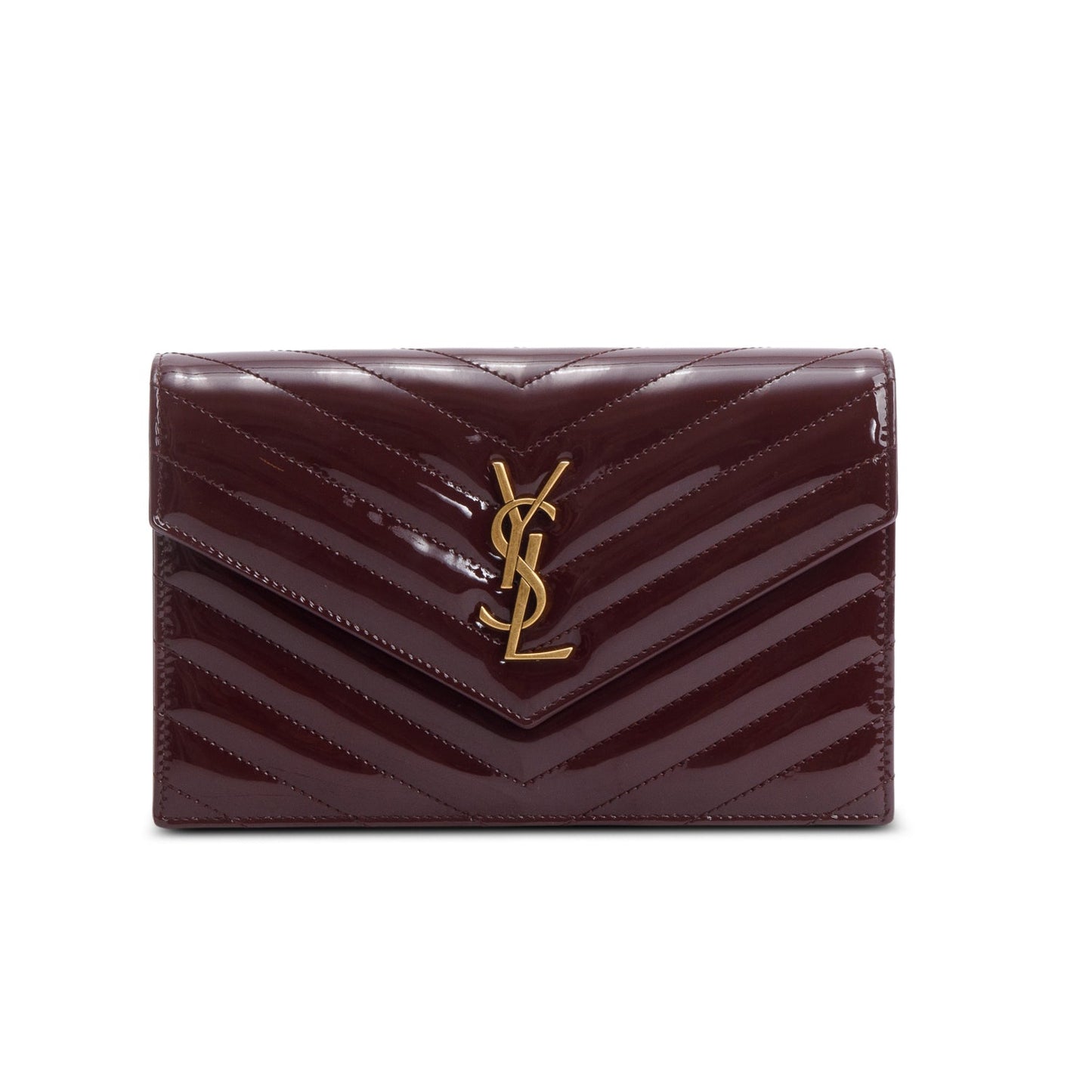 Saint Laurent 2024 Burgundy Patent Leather Cassandre Envelope Chain Wallet