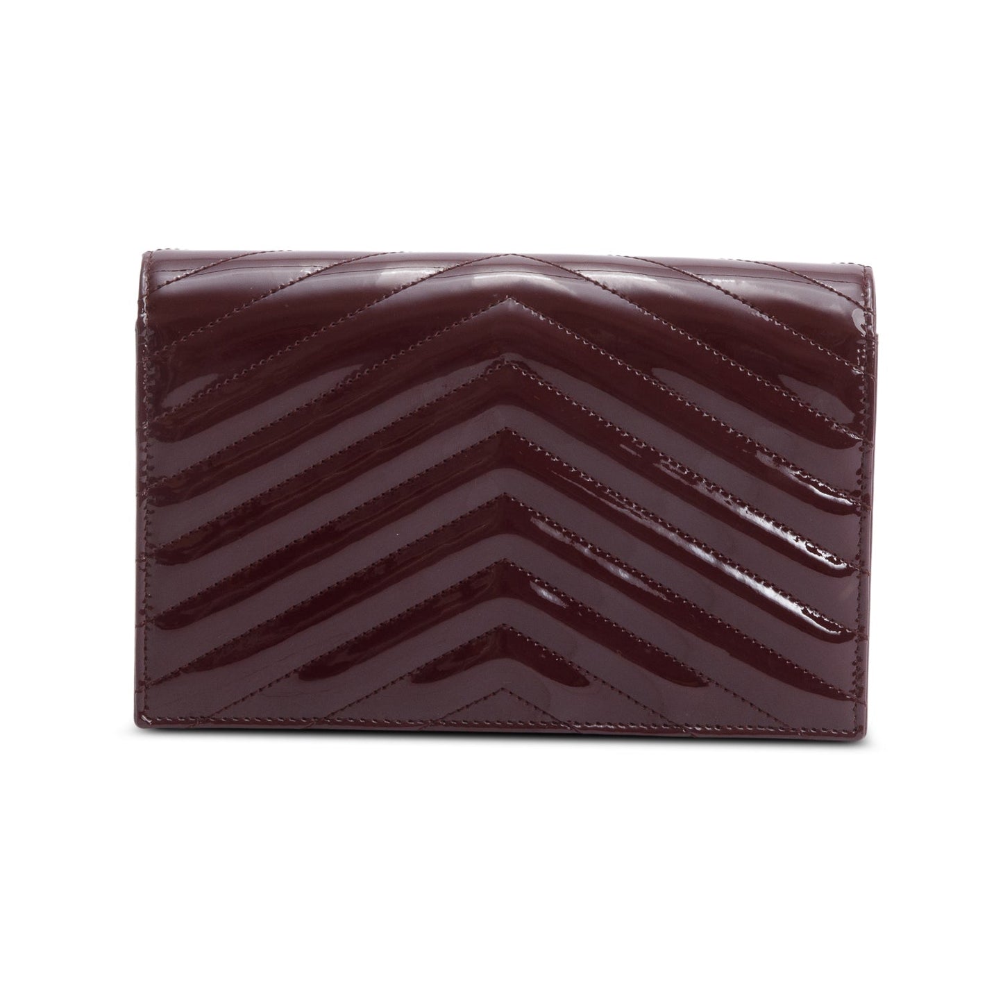 Saint Laurent 2024 Burgundy Patent Leather Cassandre Envelope Chain Wallet