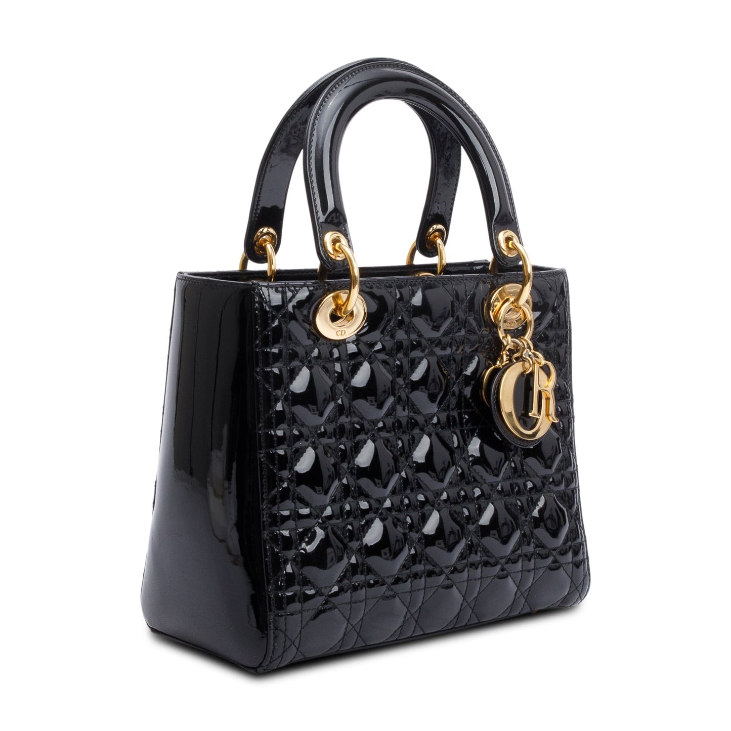 Christian Dior Black Cannage Patent Leather Medium Lady Dior Bag