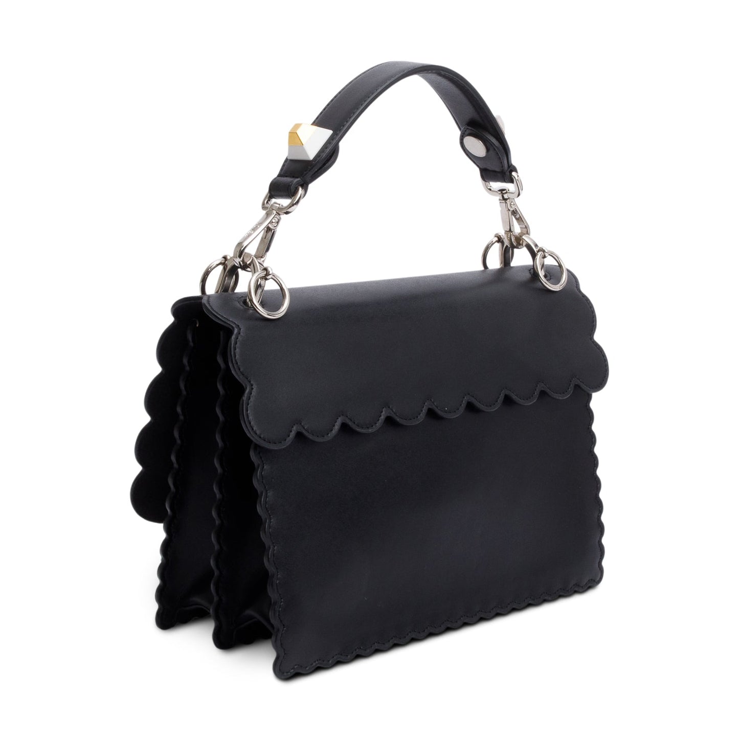 Fendi Black Calfskin Leather Faux Pearl Medium Kan I Scallop Handle Bag