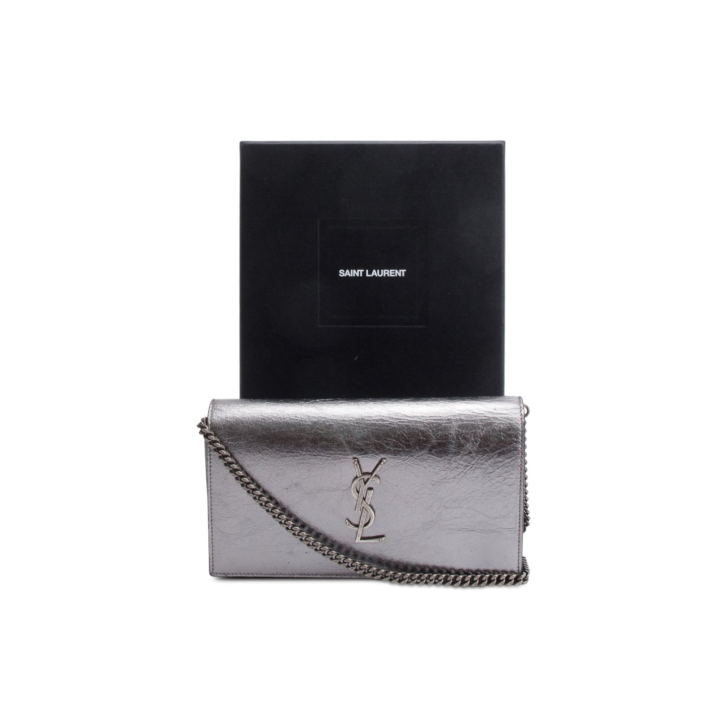 Saint Laurent Grey Aged Calfskin Leather Cassandre Wallet on Chain