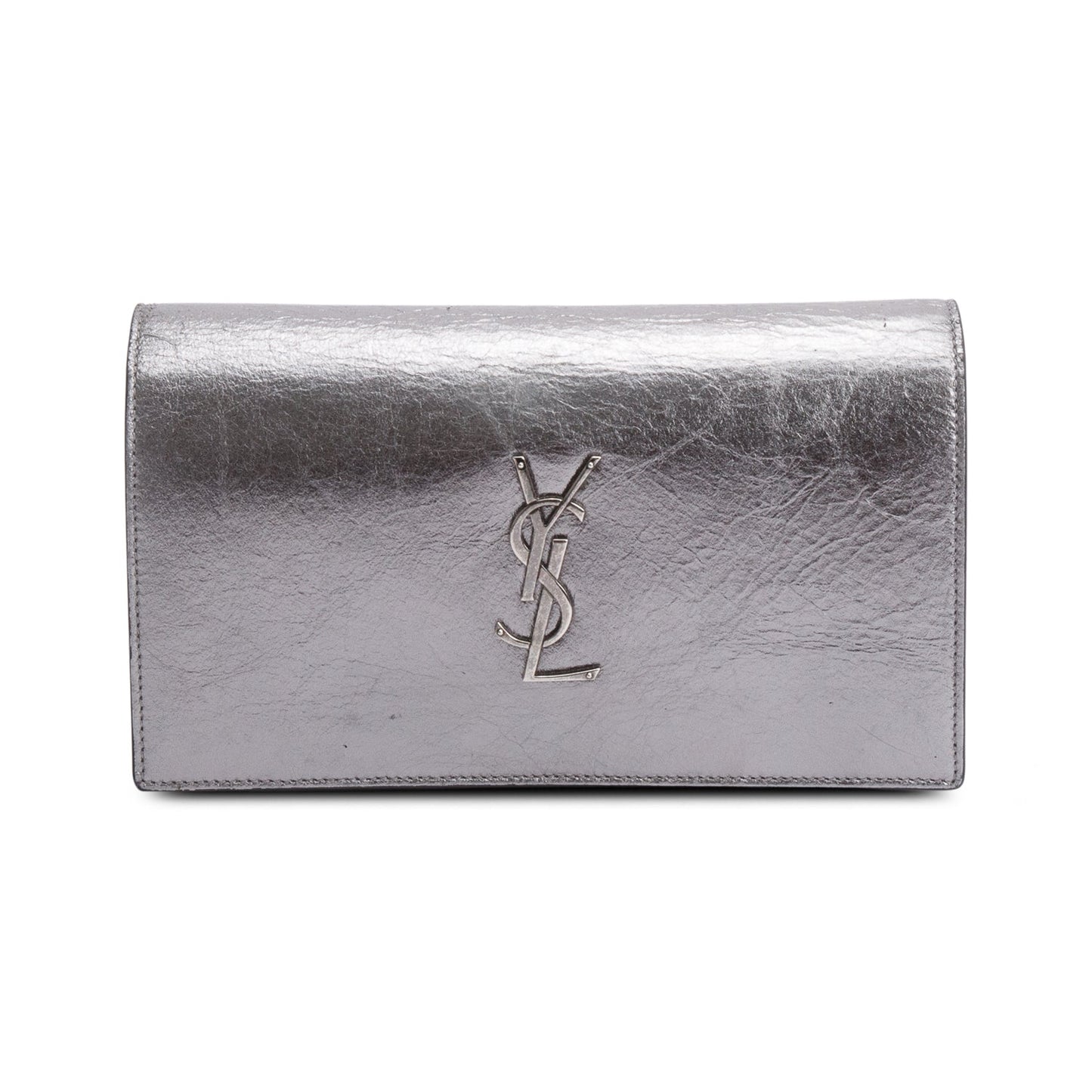 Saint Laurent Grey Aged Calfskin Leather Cassandre Wallet on Chain