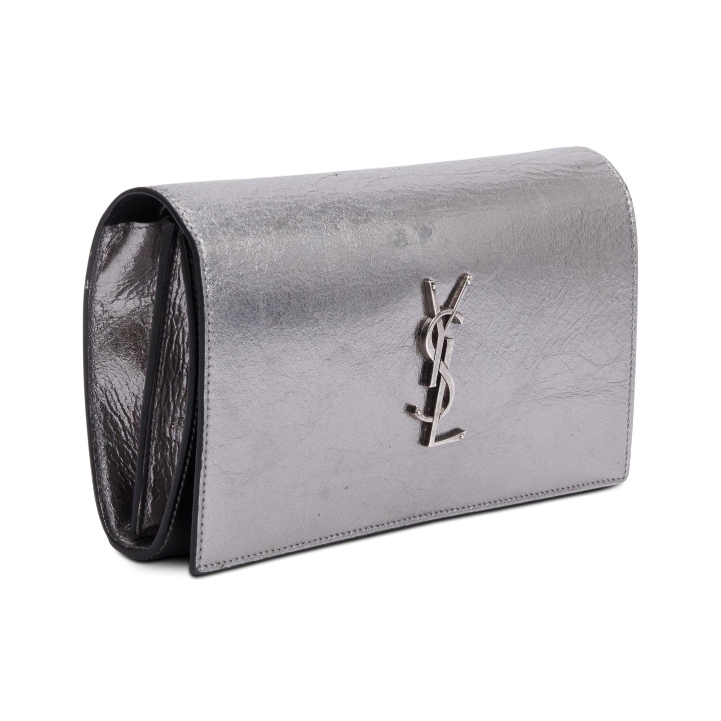 Saint Laurent Grey Aged Calfskin Leather Cassandre Wallet on Chain