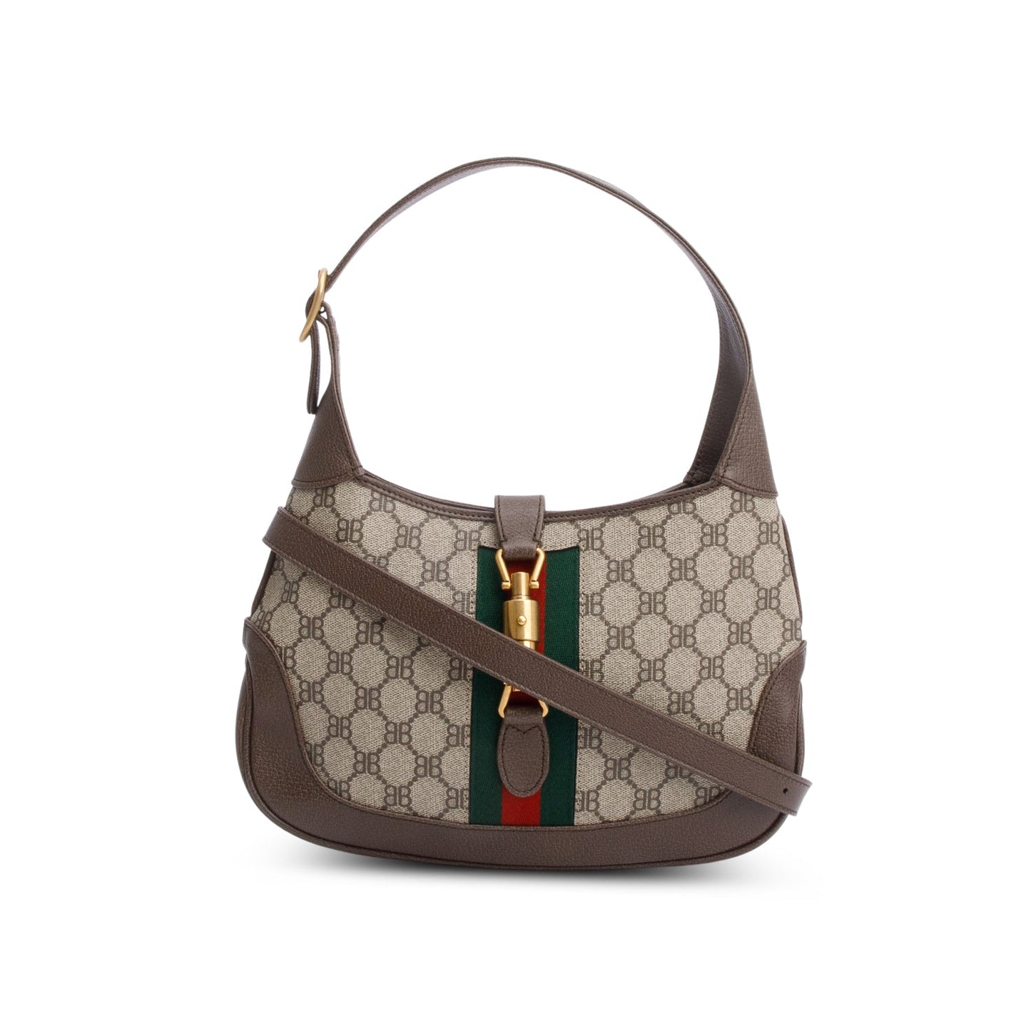 Gucci X Balenciaga BB Supreme Canvas & Brown Calfskin Leather Web Small Jackie 1961 Hobo