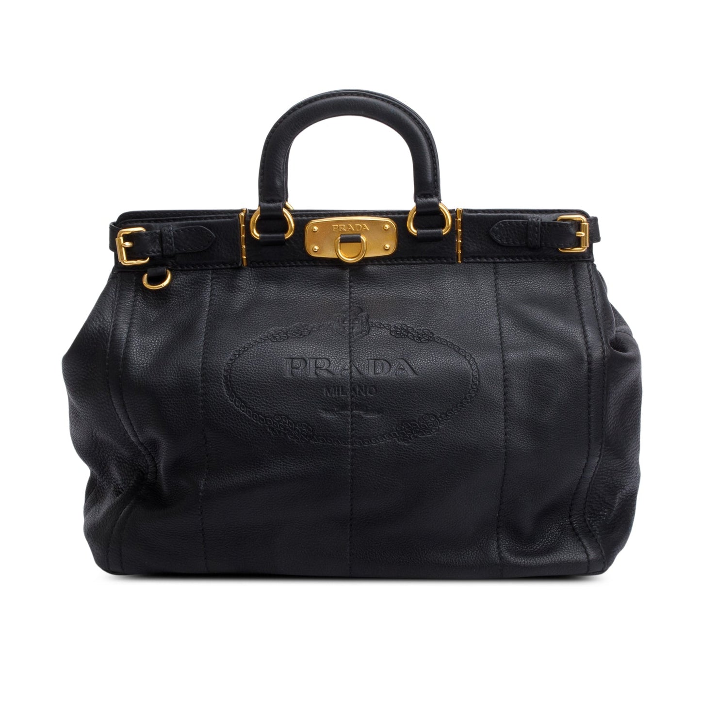 Prada Black Vitello Daino Leather Borsa Carniera Logo Frame Tote