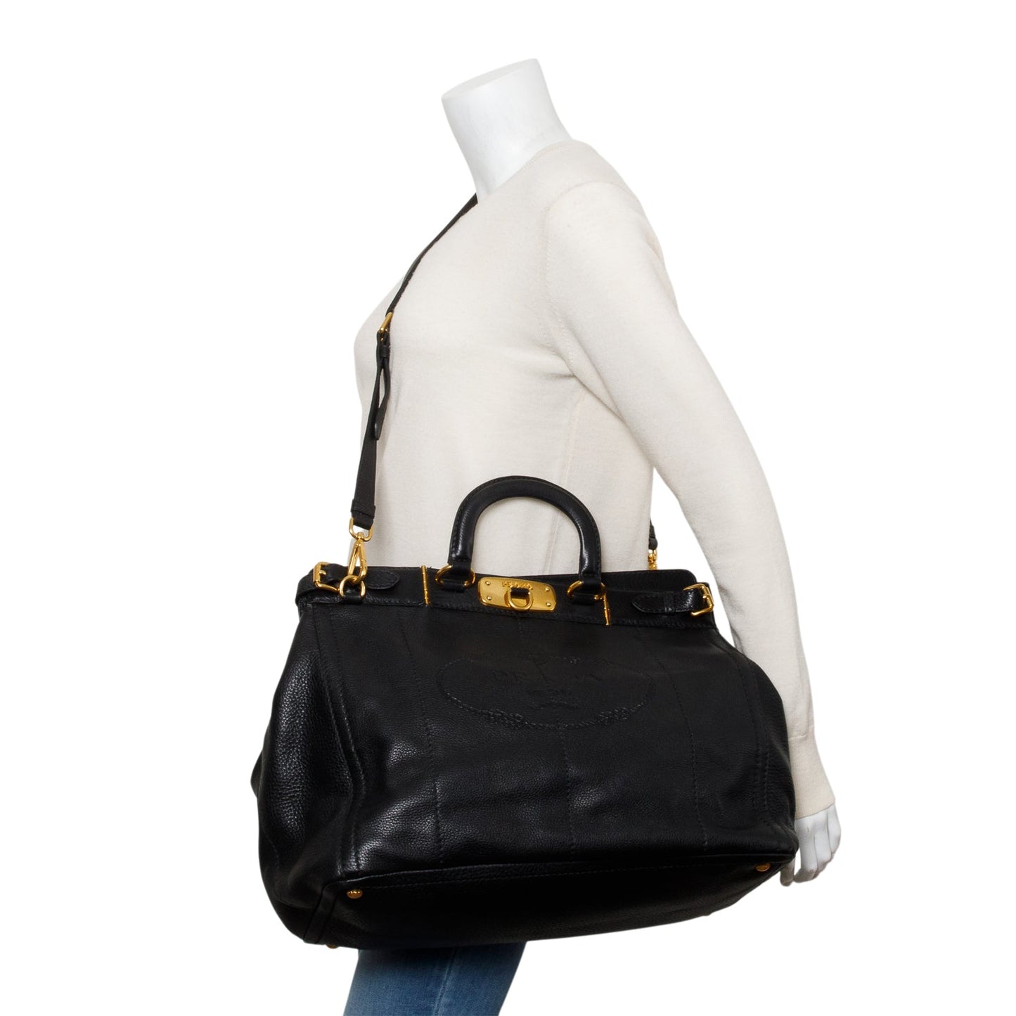 Prada Black Vitello Daino Leather Borsa Carniera Logo Frame Tote