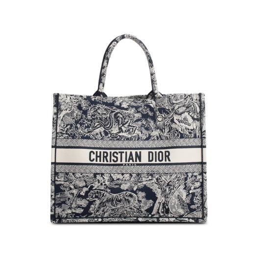 Christian Dior 2022 Large Ecru and Blue Toile de Jouy  Embroidery Canvas Book Tote