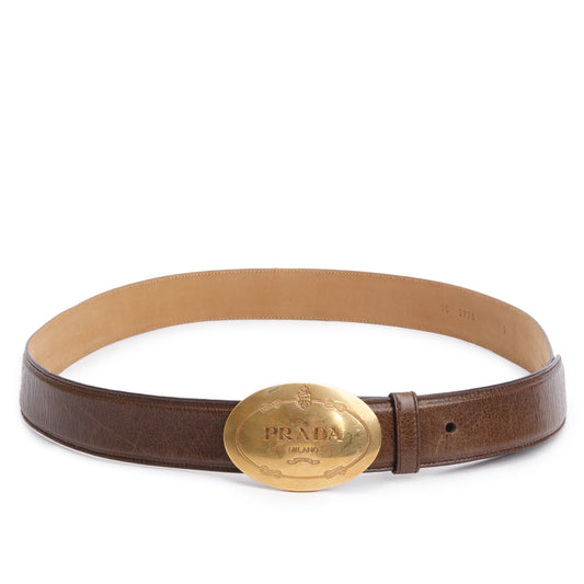 Prada Brown Leather Oval Buckle Belt 100 40