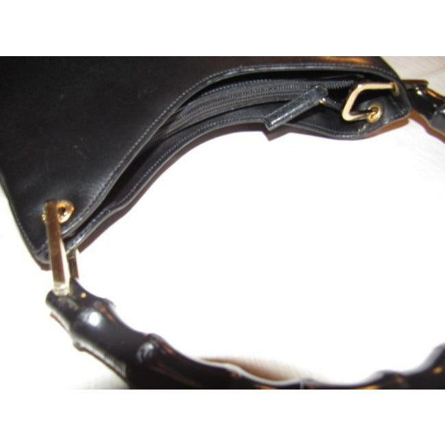Gucci Shopper Tote With V Shaped Top Bamboo Handle Black Leather Hobo Bag