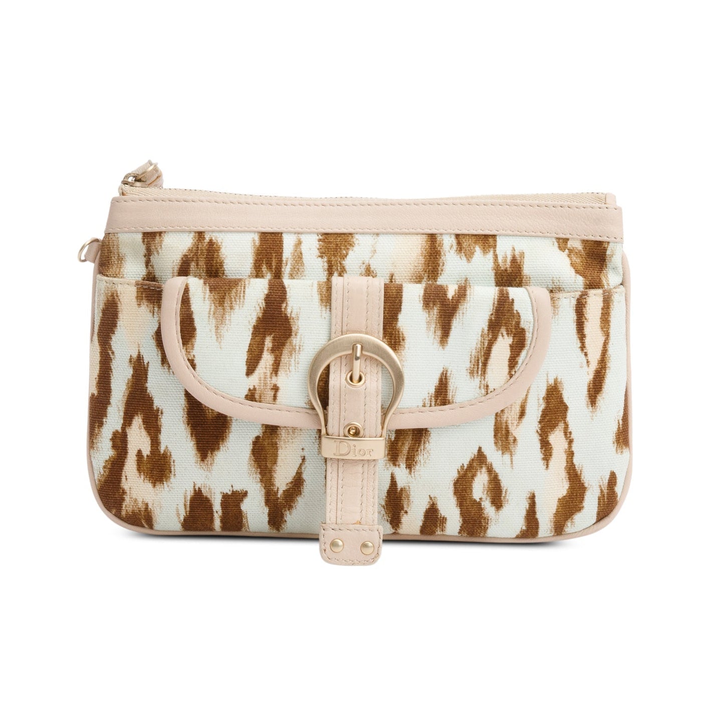 Christian Dior Vintage Leoparf Print Pink Leather Trim Canvas Mini Pochette