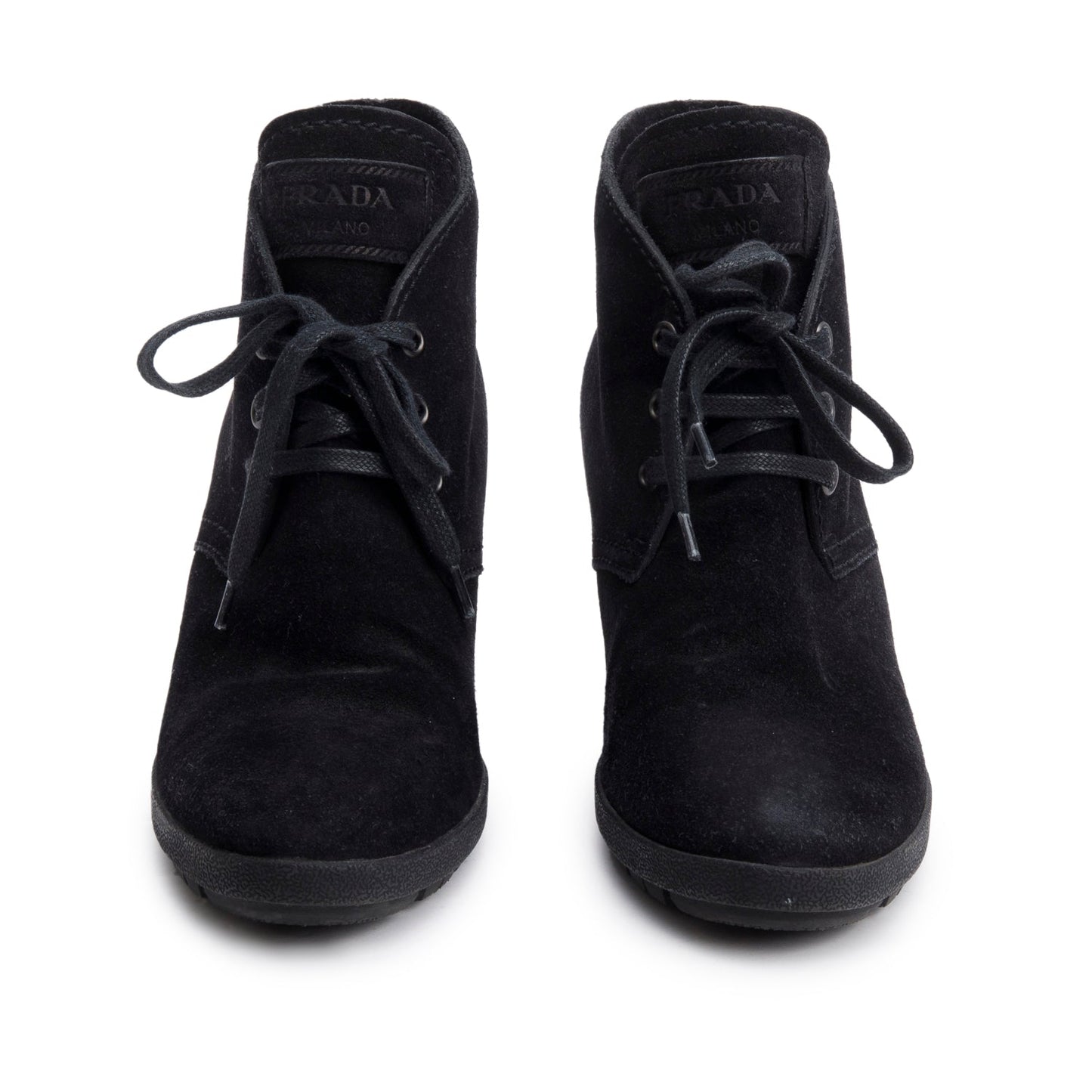 Prada Black Suede Wedge Lace-Up Ankle Boots, Size 35