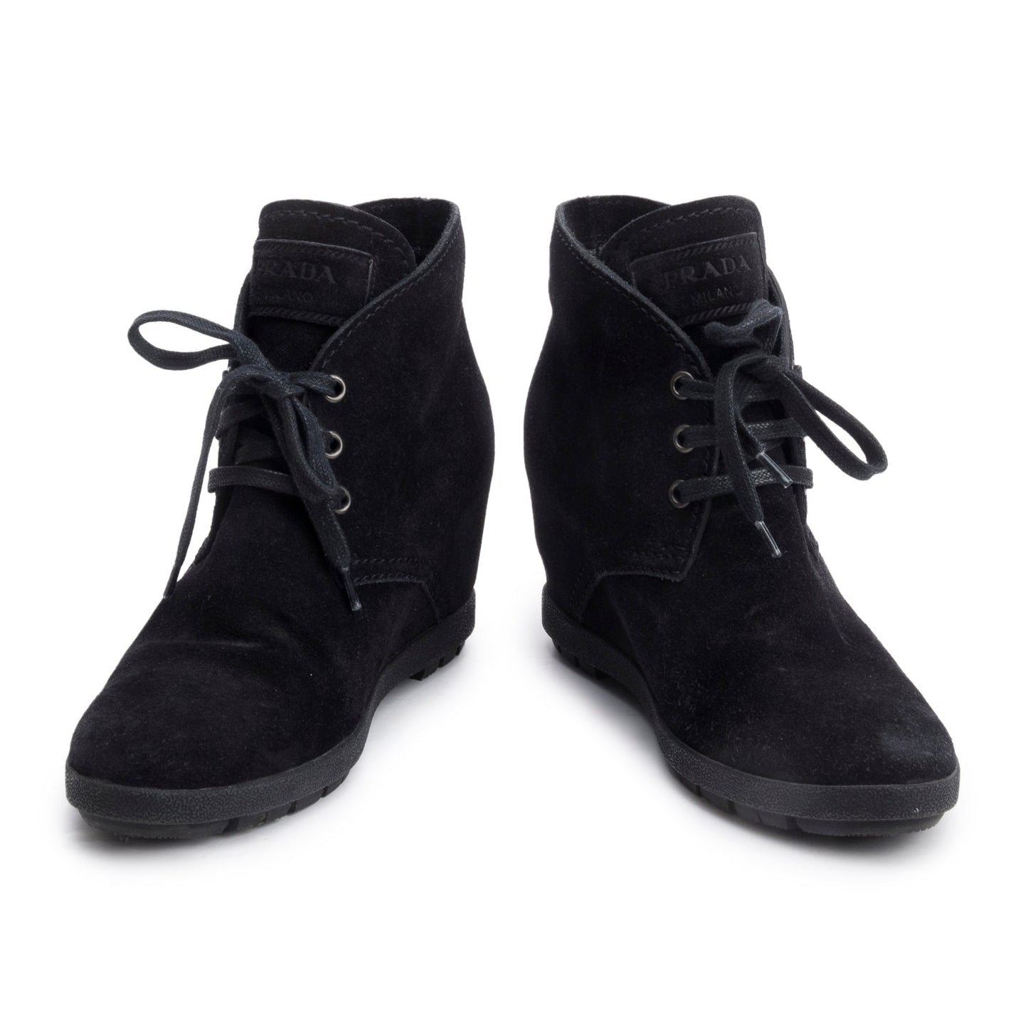 Prada Black Suede Wedge Lace-Up Ankle Boots, Size 35