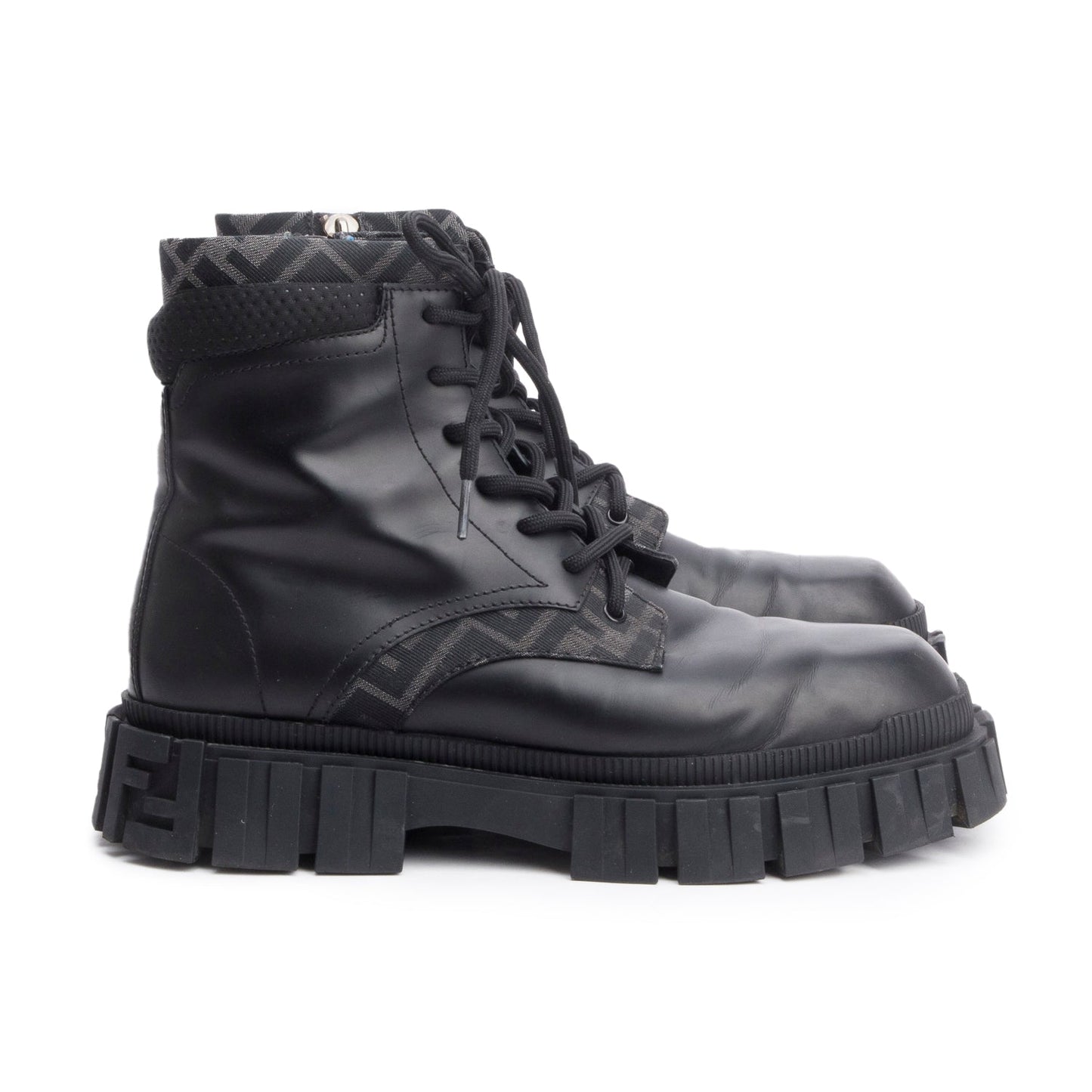 Fendi Black FF Canvas Black Leather Force Combat Boots, Men's Size 10