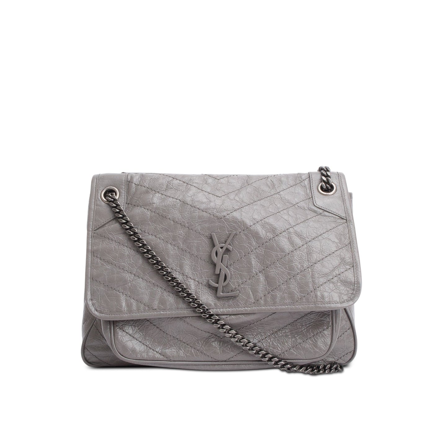 Saint Laurent Grey Crinkled Calfskin Leather Large Niki Shoulder Bag