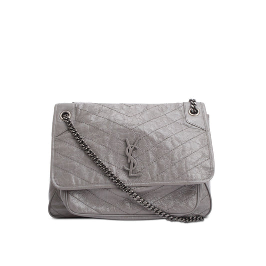 Saint Laurent Grey Crinkled Calfskin Leather Large Niki Shoulder Bag