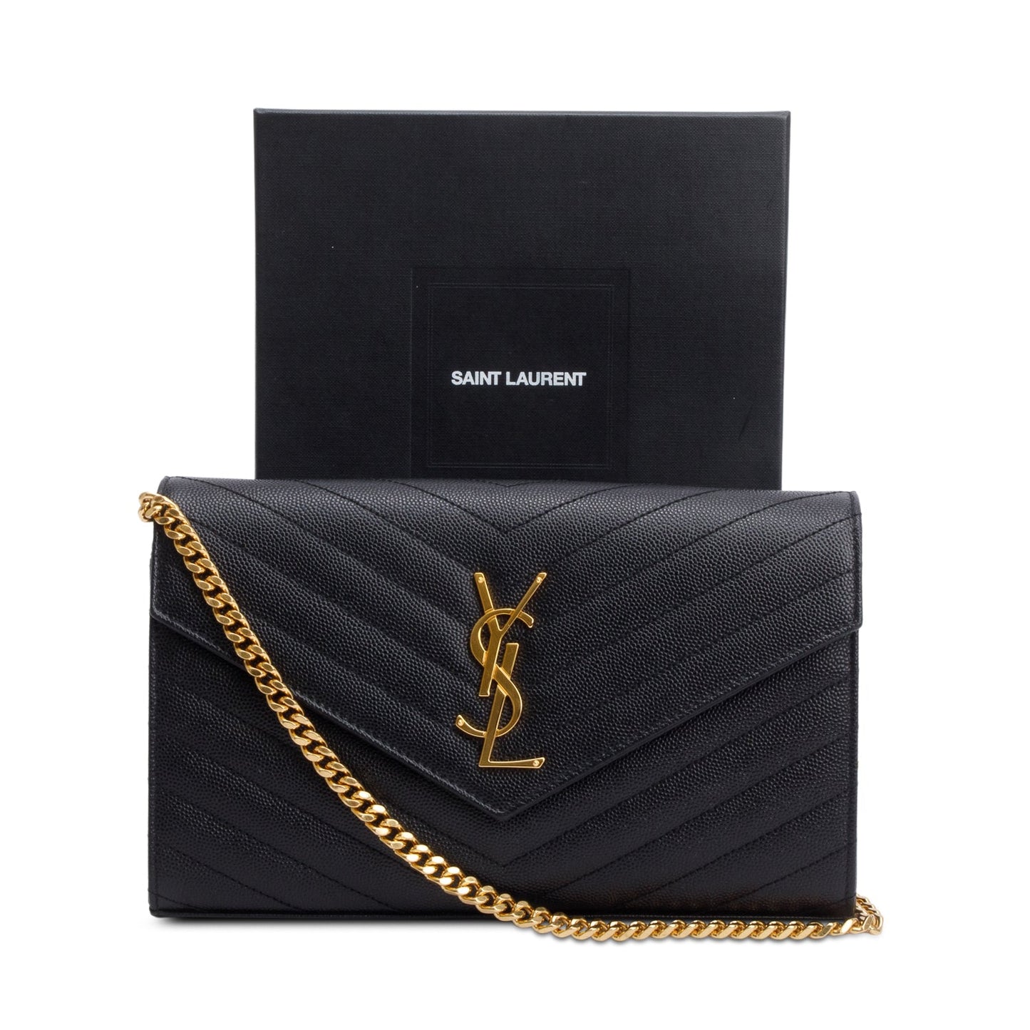 Saint Laurent 2020 Black Grain De Poudre Leather Cassandre Envelope Chain Wallet