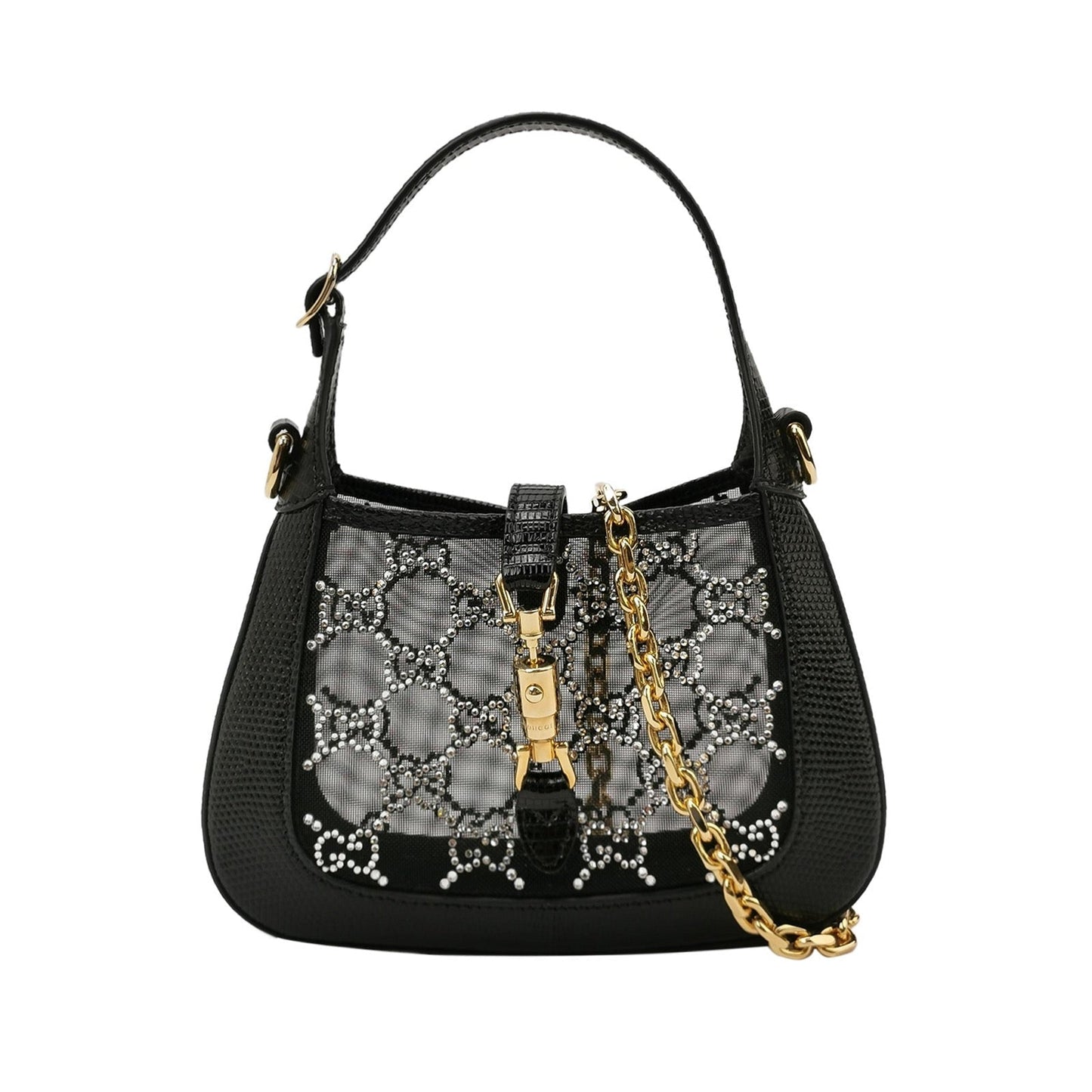 Gucci Jackie 1961 Mini Black Lizard Skin Mesh with Crystals Chain Strap