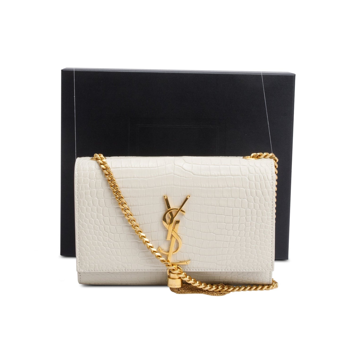 Saint Laurent 2026 White Crocodile-Embossed Leather Small Classic Monogram Kate Tassel Chain Bag