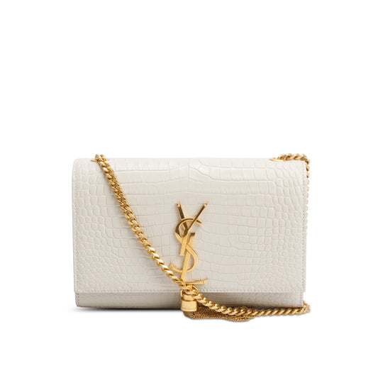 Saint Laurent 2026 White Crocodile-Embossed Leather Small Classic Monogram Kate Tassel Chain Bag