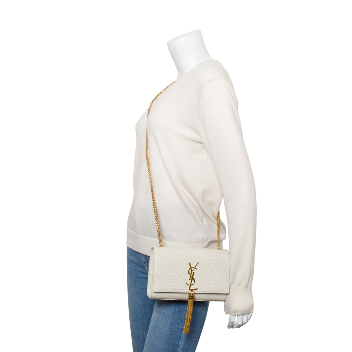 Saint Laurent 2026 White Crocodile-Embossed Leather Small Classic Monogram Kate Tassel Chain Bag