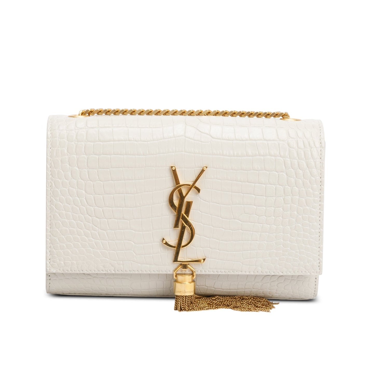 Saint Laurent 2026 White Crocodile-Embossed Leather Small Classic Monogram Kate Tassel Chain Bag
