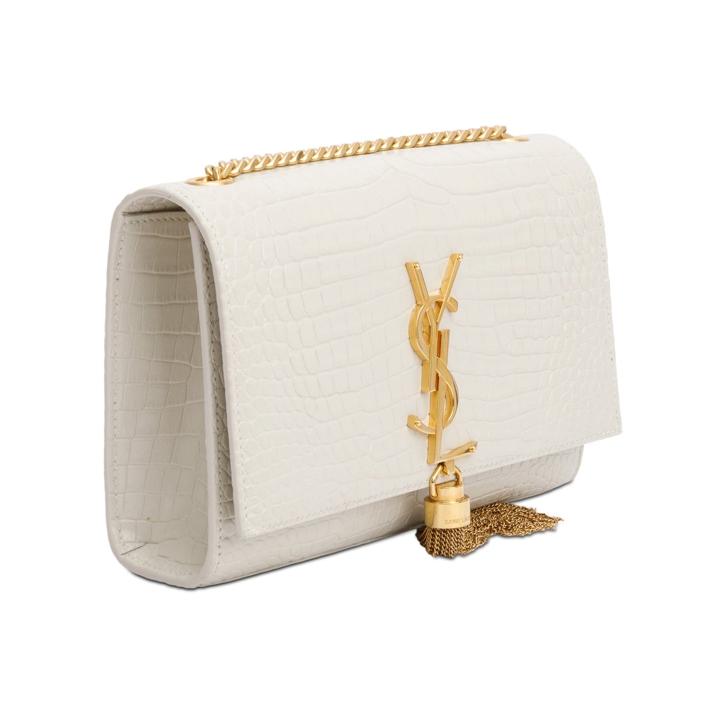 Saint Laurent 2026 White Crocodile-Embossed Leather Small Classic Monogram Kate Tassel Chain Bag