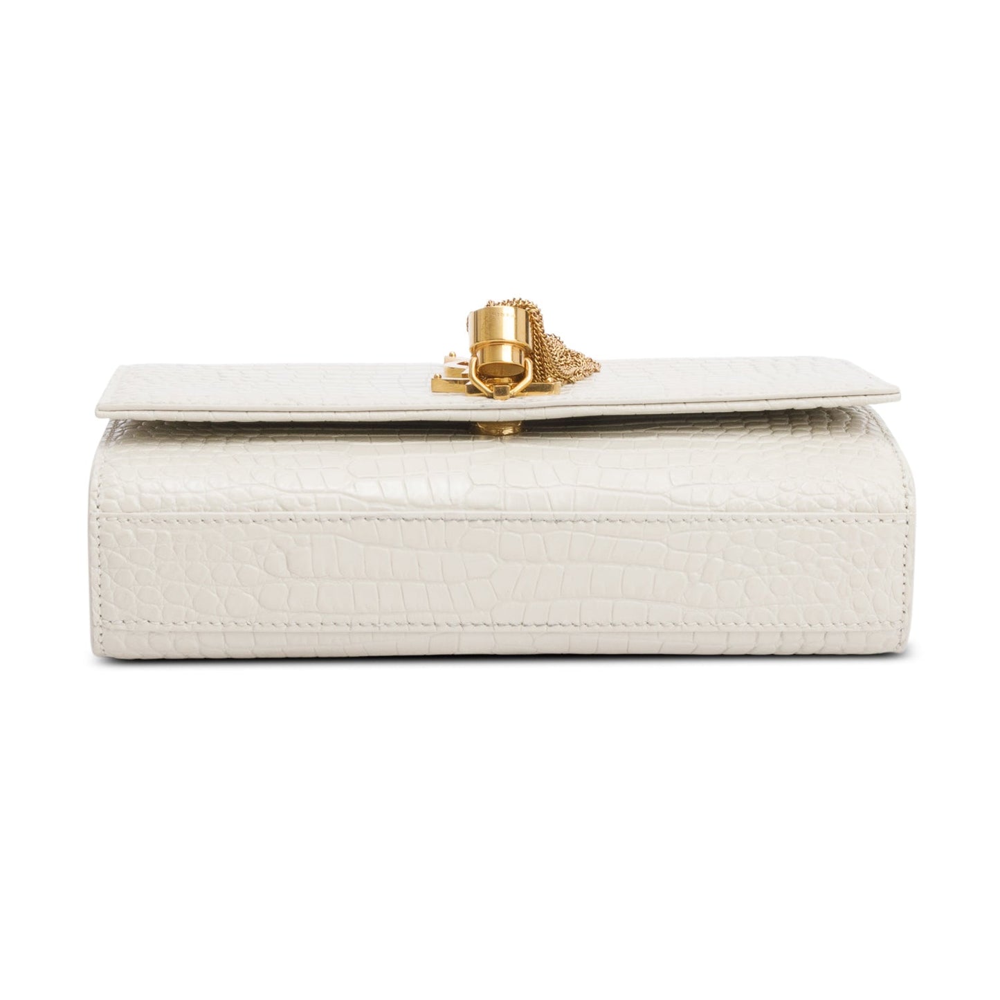 Saint Laurent 2026 White Crocodile-Embossed Leather Small Classic Monogram Kate Tassel Chain Bag
