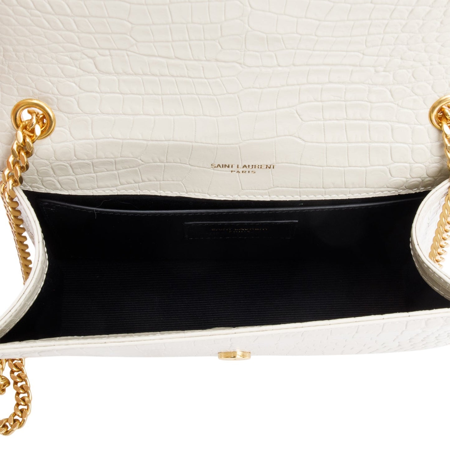 Saint Laurent 2026 White Crocodile-Embossed Leather Small Classic Monogram Kate Tassel Chain Bag