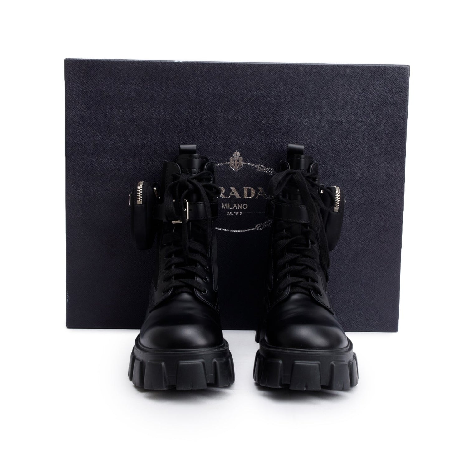 Prada Black Monolith Leather and Re-Nylon Boots with Pouch, Mens Size 8.5