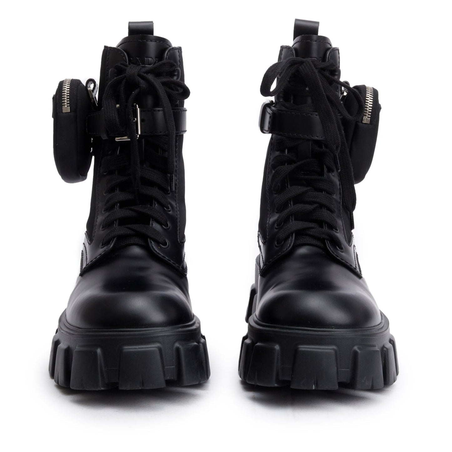 Prada Black Monolith Leather and Re-Nylon Boots with Pouch, Mens Size 8.5