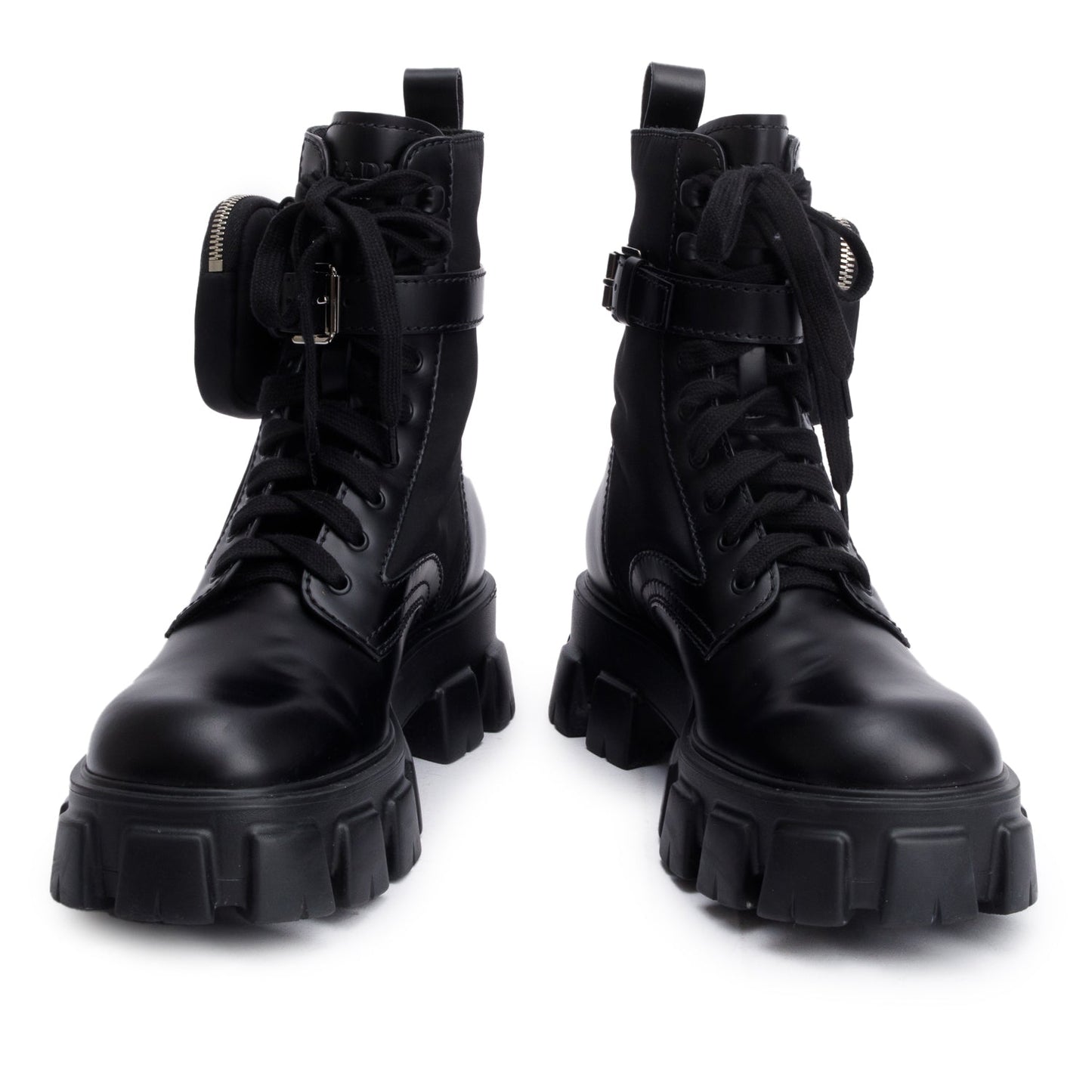Prada Black Monolith Leather and Re-Nylon Boots with Pouch, Mens Size 8.5