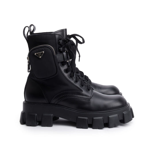 Prada Black Monolith Leather and Re-Nylon Boots with Pouch, Mens Size 8.5