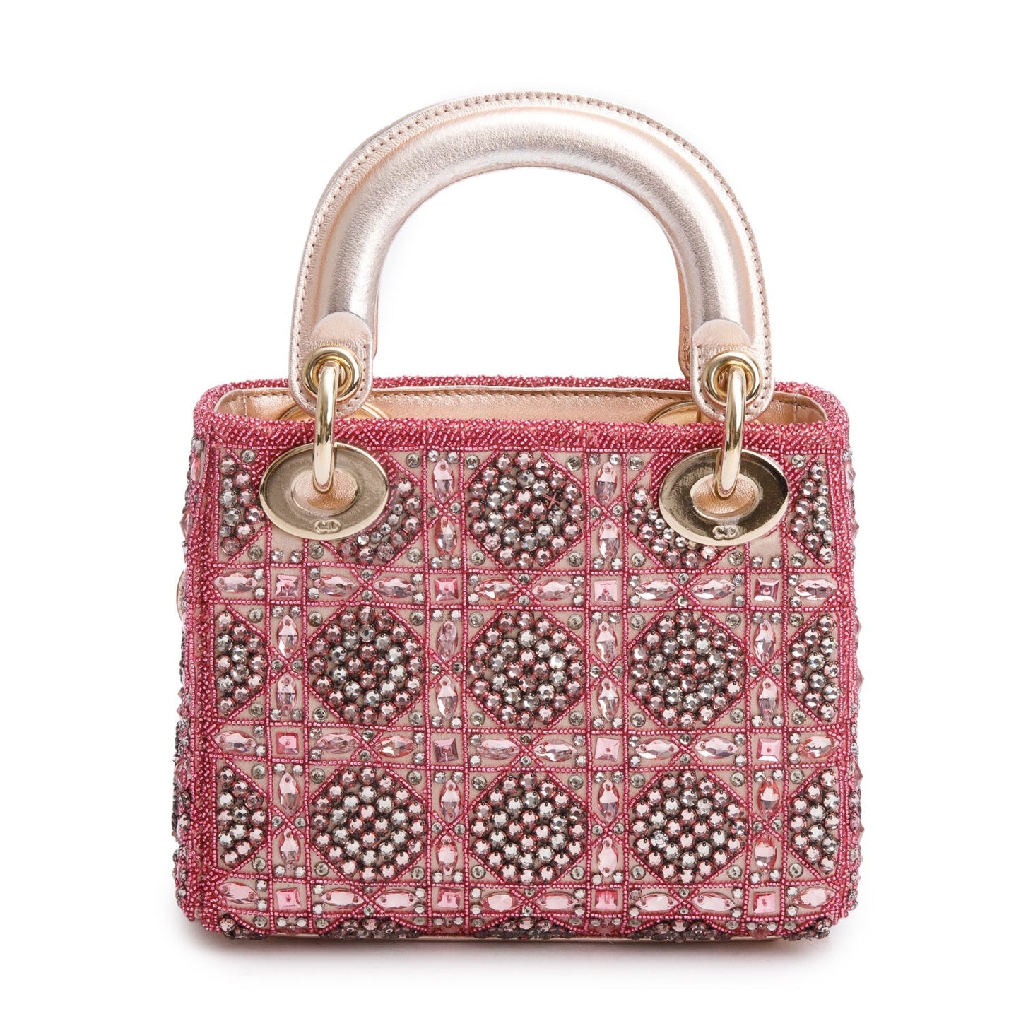 Christian Dior Pink Lambskin & Satin Embroidered Crystal Beads Mini Lady Dior Bag