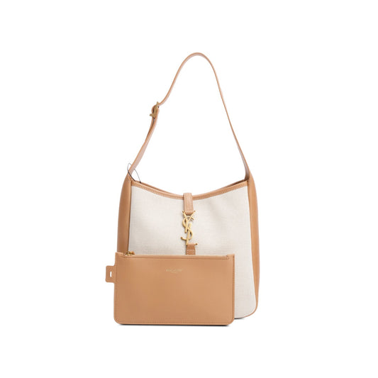 Saint Laurent 2023 Beige Smooth Calfskin Leather & Natural Canvas Small Le 5 a 7 Hobo Bag