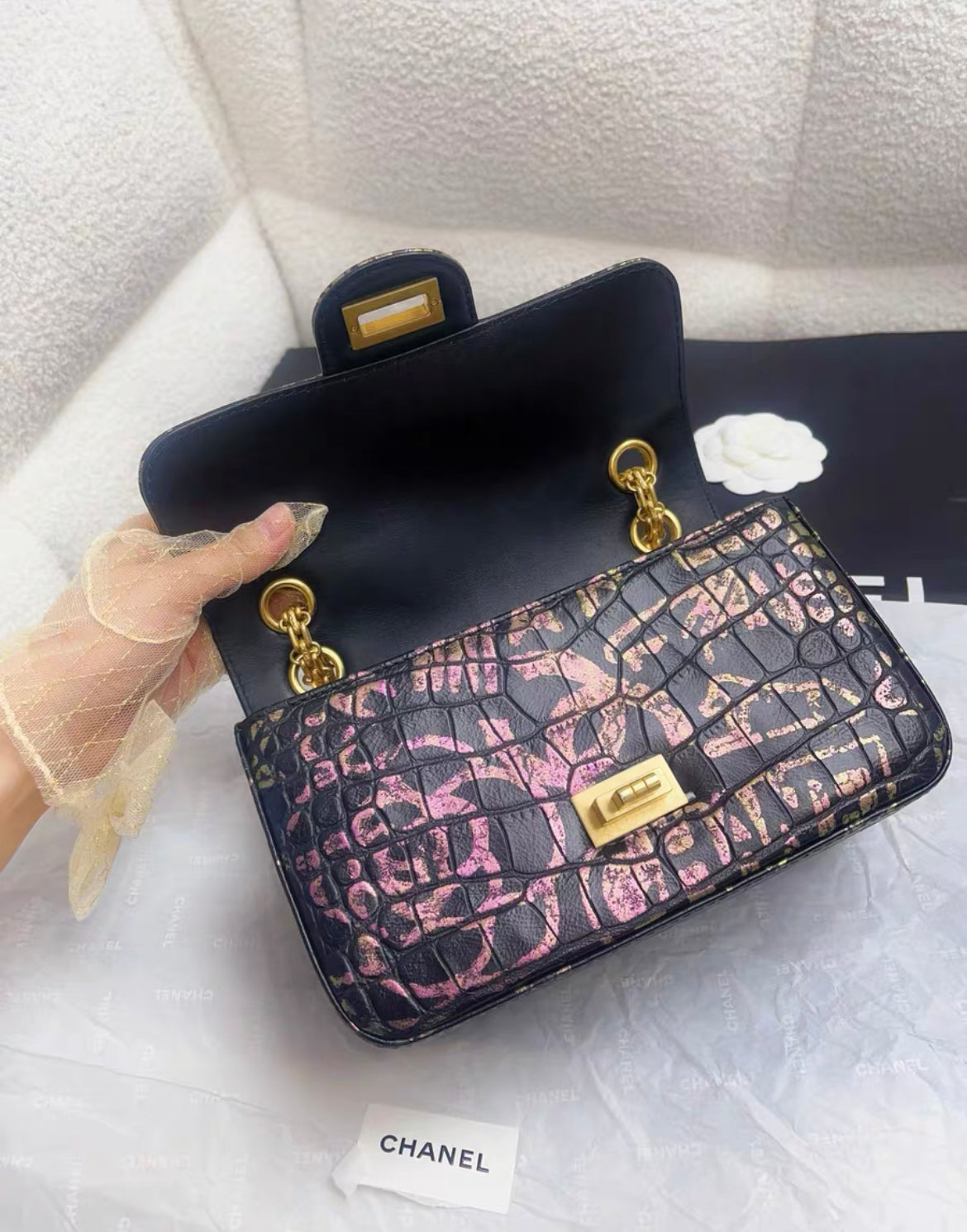 CHANEL 19A IRIDESCENT PINK, GREEN AND GOLD GRAFFITI PRINT BLACK CROCODILE 2.55 MINI CLASSIC FLAP BAG
