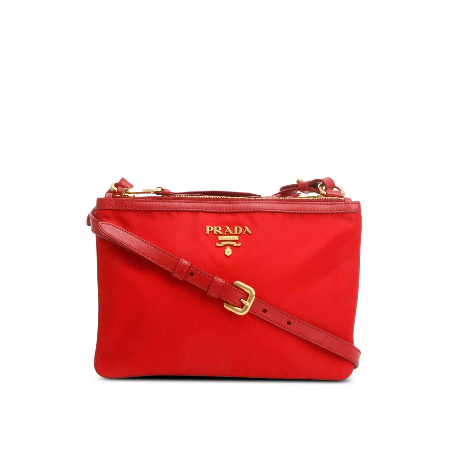 Prada Red Soft Calf Leather Tessuto Nylon Small Double Zip Crossbody Bag