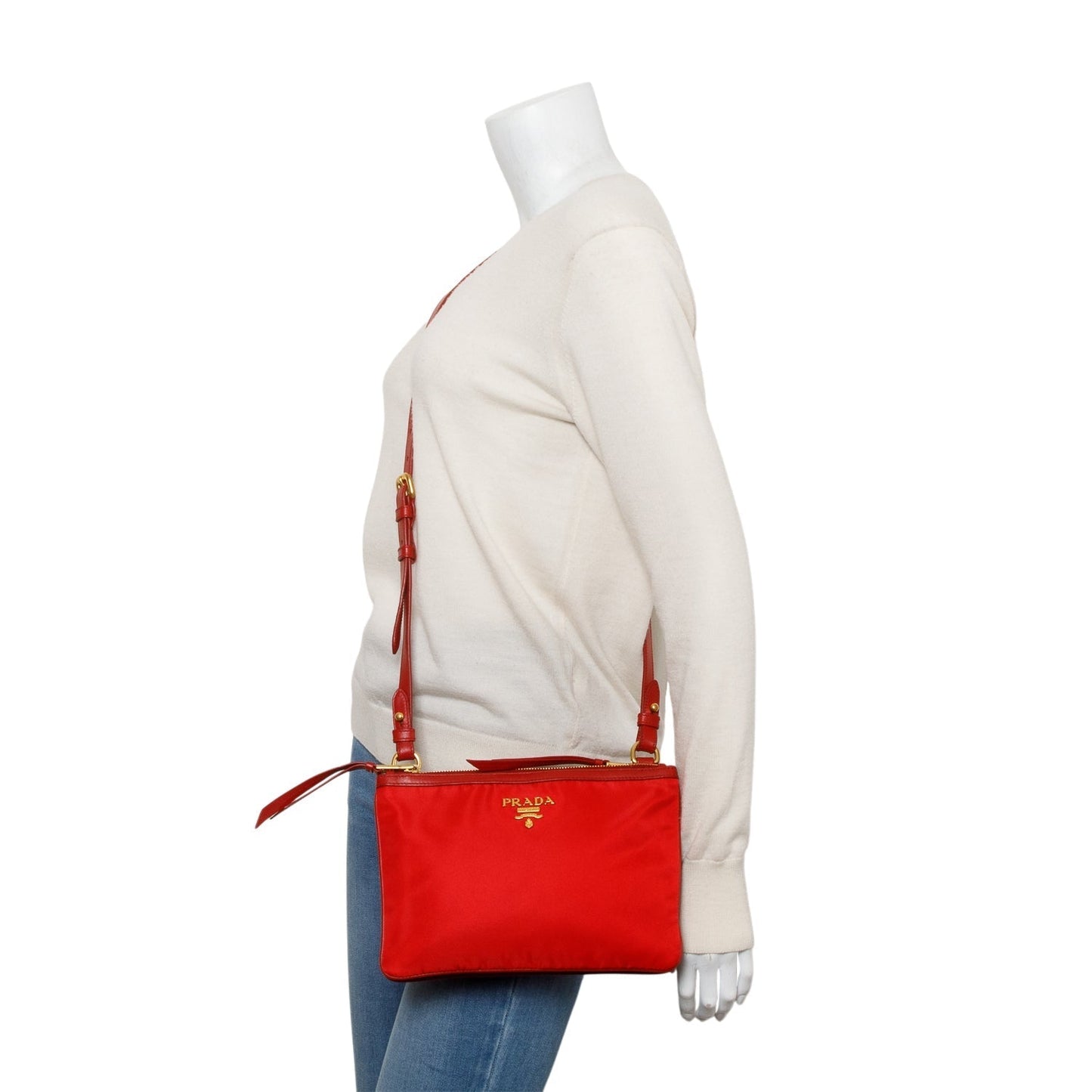 Prada Red Soft Calf Leather Tessuto Nylon Small Double Zip Crossbody Bag
